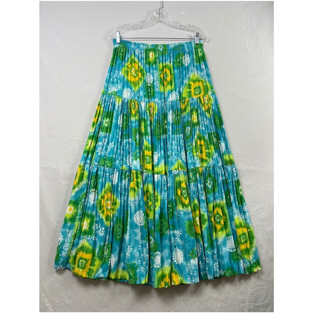 Casey Coleman Maxi Skirt Women One Size Blue Green Tiered Broomstick Tie Dye